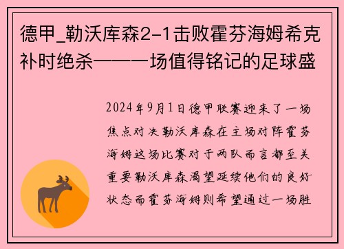 德甲_勒沃库森2-1击败霍芬海姆希克补时绝杀——一场值得铭记的足球盛宴