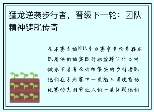 猛龙逆袭步行者，晋级下一轮：团队精神铸就传奇