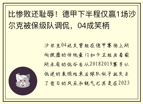 比惨败还耻辱！德甲下半程仅赢1场沙尔克被保级队调侃，04成笑柄